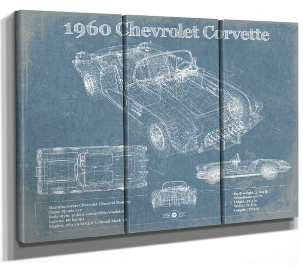 36" x 24" / 3 Panel Canvas Wrap Cutler West 1960 Chevrolet Corvette C1 Blueprint Vintage Auto Print