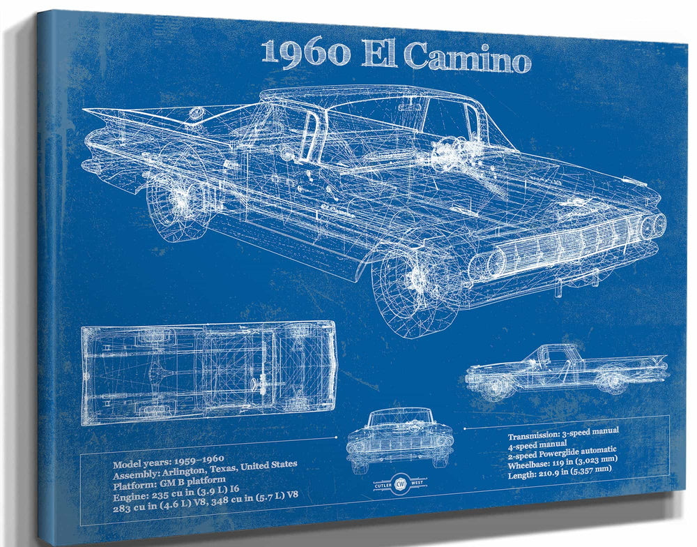 14" x 11" / Stretched Canvas Wrap Cutler West 1960 Chevrolet El Camino Vintage Blueprint Auto Print