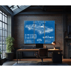 1960 Chevrolet El Camino Blueprint Art Print as a 3 panel canvas wrap in an industrial loft office