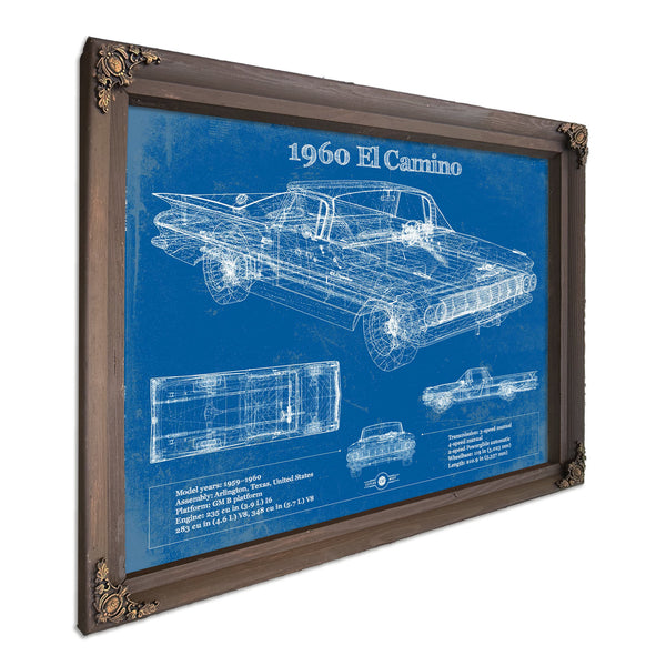 1960 Chevrolet El Camino Blueprint Art Print in a Bourbon stained wood frame with antique gold corners