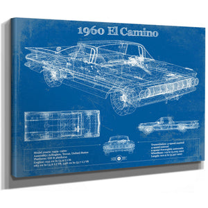 1960 Chevrolet El Camino Blueprint Art Print as a stretched canvas wrap with gallery wrapped edges