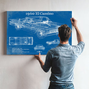 1960 Chevrolet El Camino Blueprint Art Print framed in Vintage Black above a mid-century record console