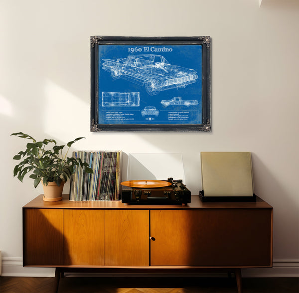 1960 Chevrolet El Camino Blueprint Art Print framed in Vintage Black in a loft bedroom