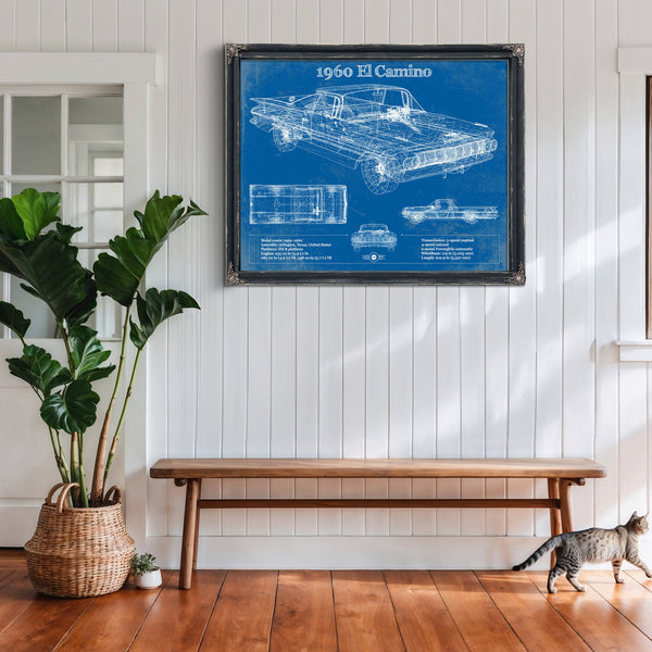 1960 Chevrolet El Camino Blueprint Art Print framed in Vintage Black above a rustic console table