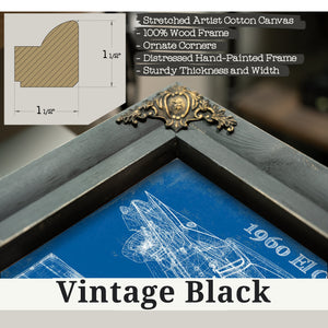 Vintage Black frame corner detail, 1.5 inch ornate wood moulding, 1960 Chevrolet El Camino Blueprint Art Print