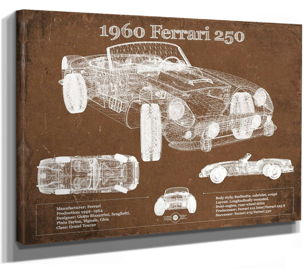 14" x 11" / Stretched Canvas Wrap Cutler West 1960 Ferrari 250 Vintage Blueprint Auto Print