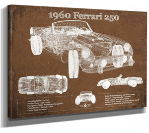 14" x 11" / Stretched Canvas Wrap Cutler West 1960 Ferrari 250 Vintage Blueprint Auto Print