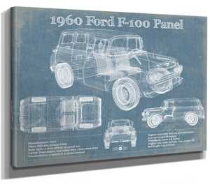 14" x 11" / Stretched Canvas Wrap Cutler West 1960 Ford F-100 Panel Truck Vintage Blueprint Auto Print