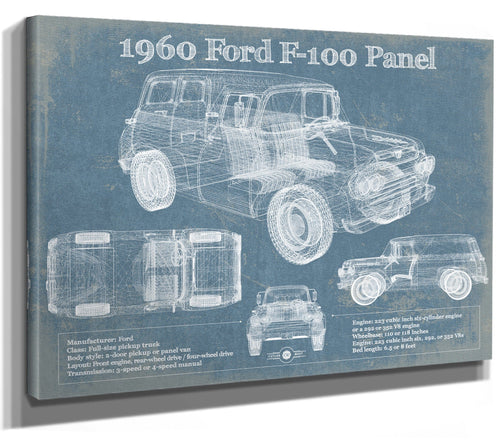 14" x 11" / Stretched Canvas Wrap Cutler West 1960 Ford F-100 Panel Truck Vintage Blueprint Auto Print