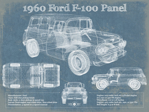 14" x 11" / Unframed Cutler West 1960 Ford F-100 Panel Truck Vintage Blueprint Auto Print
