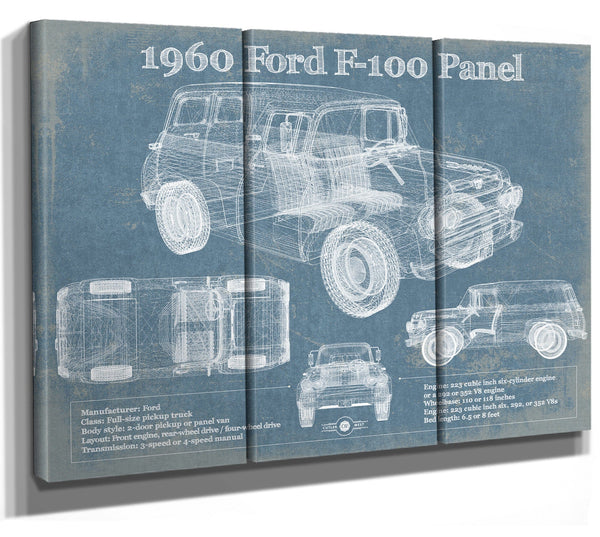 36" x 24" / 3 Panel Canvas Wrap Cutler West 1960 Ford F-100 Panel Truck Vintage Blueprint Auto Print