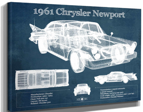 14" x 11" / Stretched Canvas Wrap Cutler West 1961 Chrysler Newport Vintage Blueprint Auto Print
