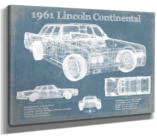 14" x 11" / Stretched Canvas Wrap Cutler West 1961 Lincoln Continental Sedan Vintage Blueprint Auto Print