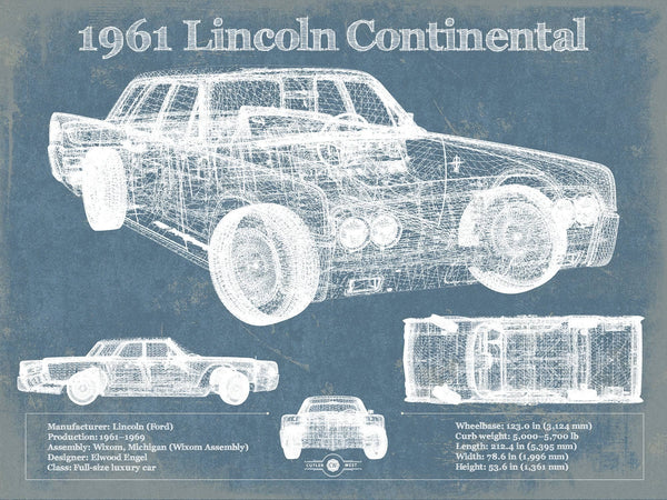 14" x 11" / Unframed Cutler West 1961 Lincoln Continental Sedan Vintage Blueprint Auto Print