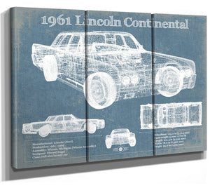 36" x 24" / 3 Panel Canvas Wrap Cutler West 1961 Lincoln Continental Sedan Vintage Blueprint Auto Print