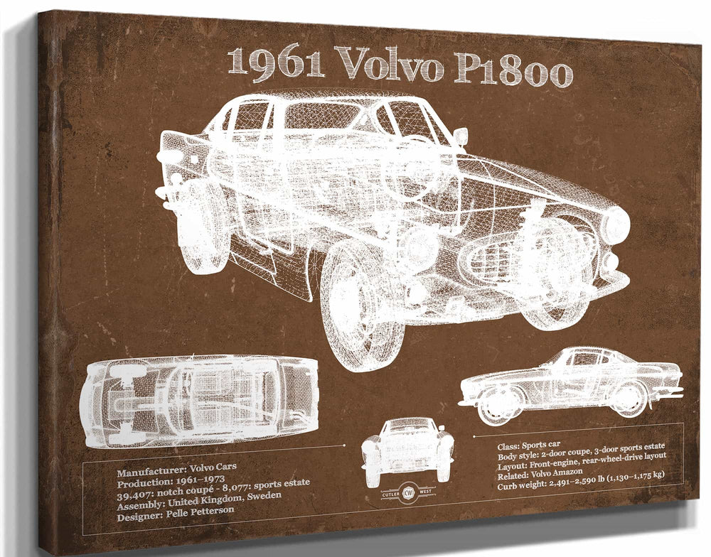 14" x 11" / Stretched Canvas Wrap Cutler West 1961 Volvo P1800 Vintage Blueprint Auto Print