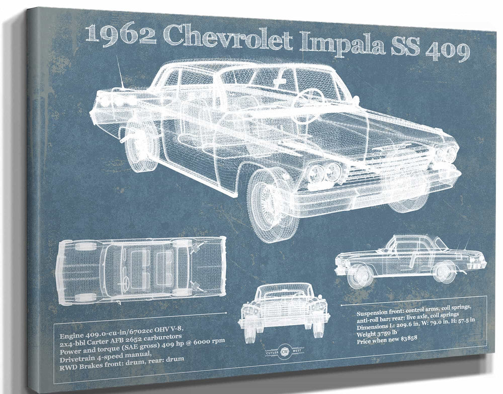 14" x 11" / Stretched Canvas Wrap Cutler West 1962 Chevrolet Impala SS 409 Blueprint Vintage Auto Print