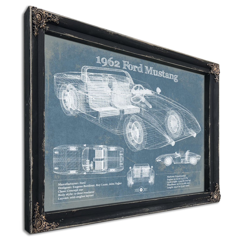 1962 Ford Mustang Blueprint Art Print in a distressed Vintage Black wood frame with ornate corners