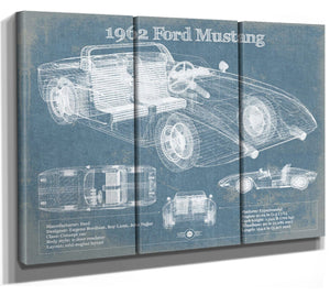 36" x 24" / 3 Panel Canvas Wrap Cutler West 1962 Ford Mustang Vintage Blueprint Auto Print