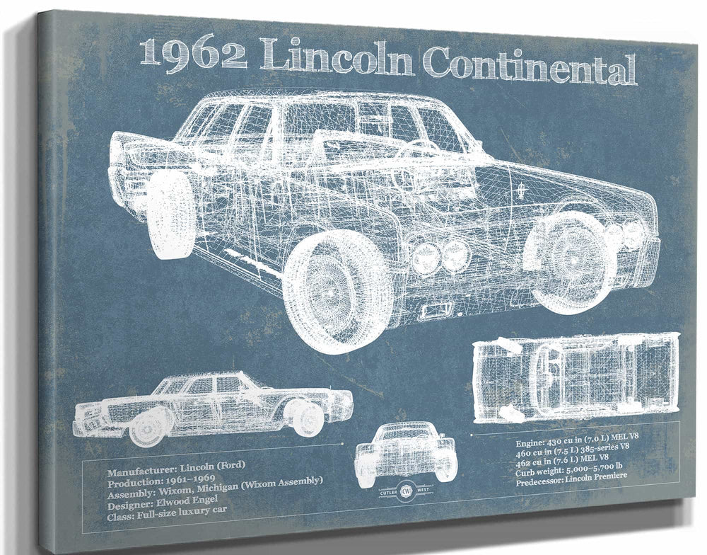 14" x 11" / Stretched Canvas Wrap Cutler West 1962 Lincoln Continental Sedan Vintage Blueprint Auto Print