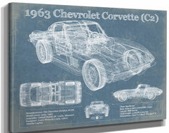 14" x 11" / Stretched Canvas Wrap Cutler West 1963 Chevrolet Corvette (C2) Vintage Blueprint Auto Print