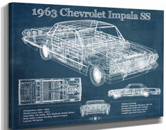 14" x 11" / Stretched Canvas Wrap Cutler West 1963 Chevrolet Impala SS Hardtop Sport Coupe Blueprint Vintage Auto Print
