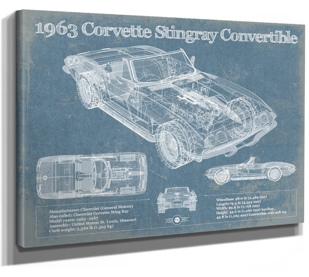 14" x 11" / Stretched Canvas Wrap Cutler West 1963 Corvette Stingray Convertible Vintage Blueprint Auto Print
