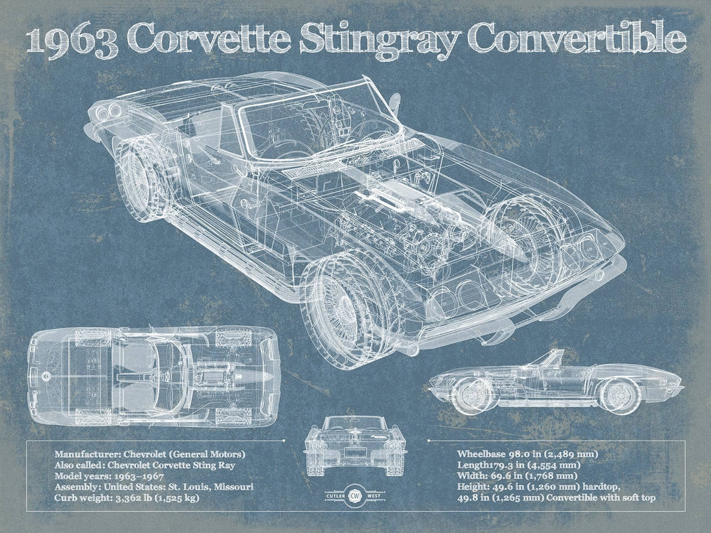 14" x 11" / Stretched Canvas Wrap Cutler West 1963 Corvette Stingray Convertible Vintage Blueprint Auto Print