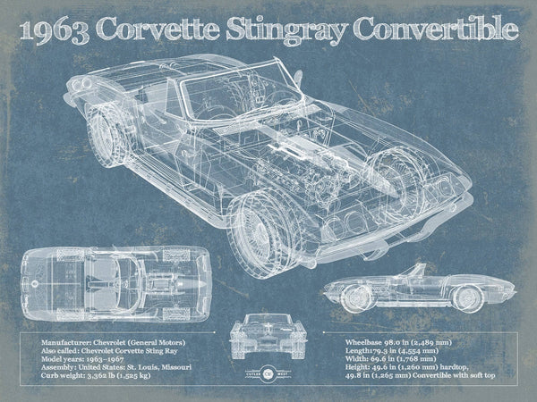 14" x 11" / Unframed Cutler West 1963 Corvette Stingray Convertible Vintage Blueprint Auto Print