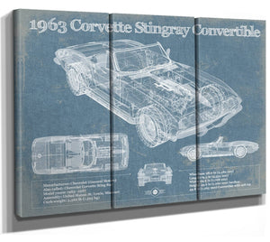 36" x 24" / 3 Panel Canvas Wrap Cutler West 1963 Corvette Stingray Convertible Vintage Blueprint Auto Print