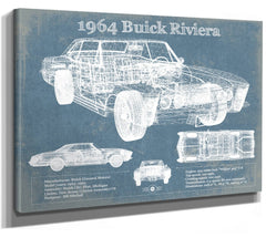 14" x 11" / Stretched Canvas Wrap Cutler West 1964 Buick Riviera Vintage Blueprint Auto Print