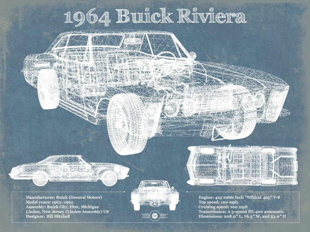 14" x 11" / Stretched Canvas Wrap Cutler West 1964 Buick Riviera Vintage Blueprint Auto Print