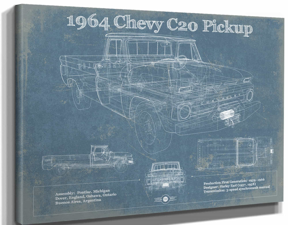 14" x 11" / Stretched Canvas Wrap Cutler West 1964 Chevrolet C20 Pickup Vintage Blueprint Auto Print
