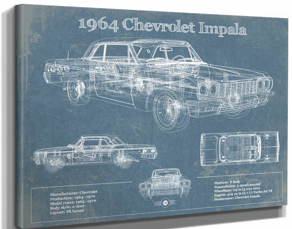 14" x 11" / Stretched Canvas Wrap Cutler West 1964 Chevrolet Impala Original Blueprint Art