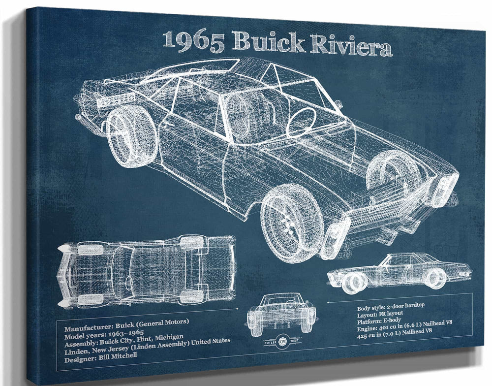 14" x 11" / Stretched Canvas Wrap Cutler West 1965 Buick Riviera Vintage Blueprint Auto Print