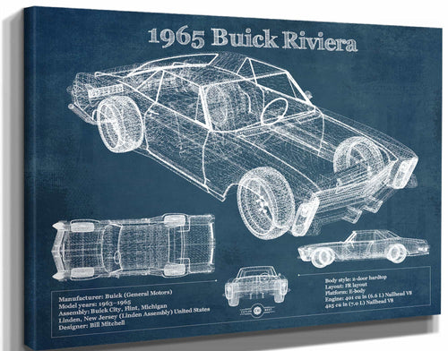 14" x 11" / Stretched Canvas Wrap Cutler West 1965 Buick Riviera Vintage Blueprint Auto Print