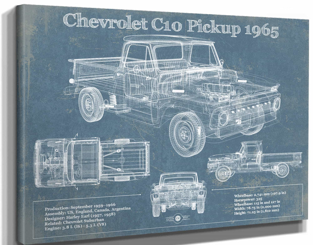 14" x 11" / Stretched Canvas Wrap Cutler West 1965 Chevrolet C10 Pickup Vintage Blueprint Auto Print