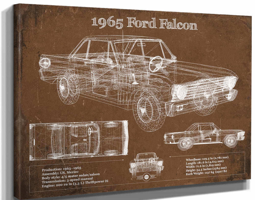 14" x 11" / Stretched Canvas Wrap Cutler West 1965 Ford Falcon Blueprint Vintage Auto Print