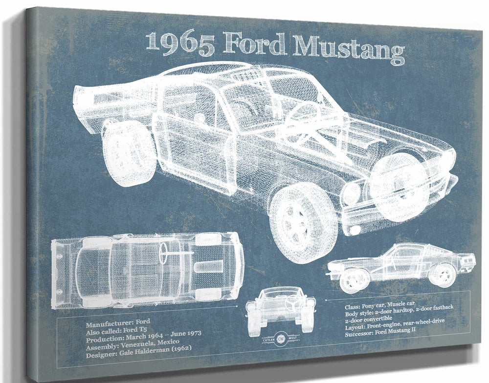 14" x 11" / Stretched Canvas Wrap Cutler West 1965 Ford Mustang Fastback Original Blueprint Art
