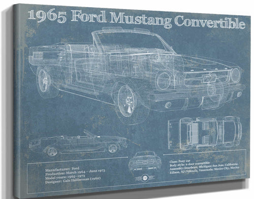 14" x 11" / Stretched Canvas Wrap Cutler West 1965 Mustang Convertible Blueprint Vintage Auto Print