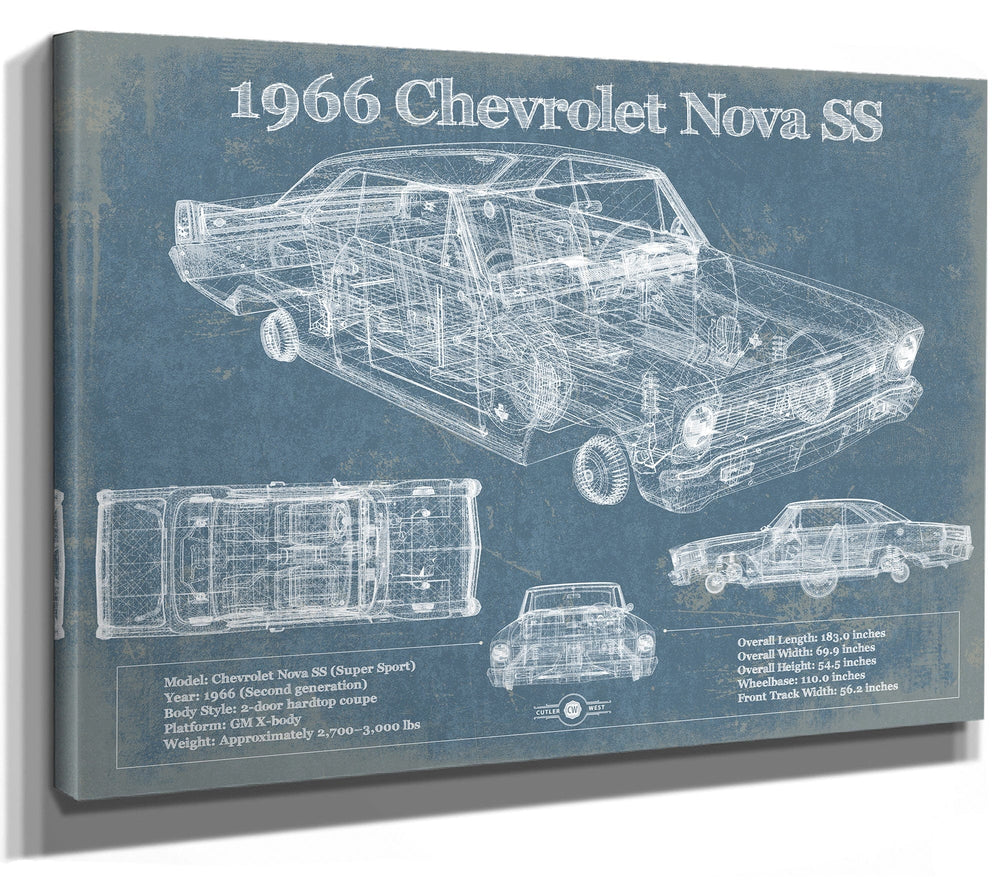 14" x 11" / Stretched Canvas Wrap Cutler West 1966 Chevrolet Nova SS Blueprint Vintage Auto Patent Print