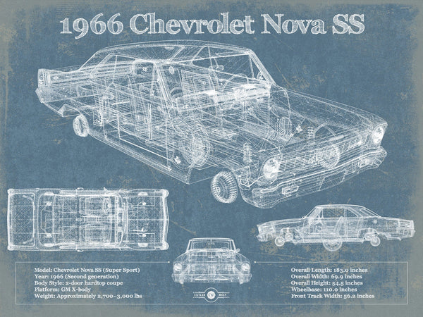 14" x 11" / Unframed Cutler West 1966 Chevrolet Nova SS Blueprint Vintage Auto Patent Print