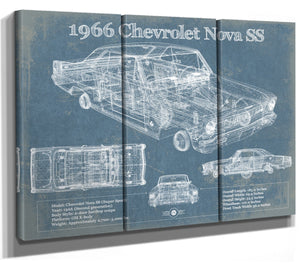 36" x 24" / 3 Panel Canvas Wrap Cutler West 1966 Chevrolet Nova SS Blueprint Vintage Auto Patent Print