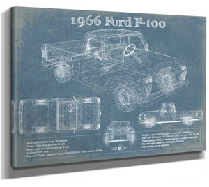 14" x 11" / Stretched Canvas Wrap Cutler West 1966 Ford F-100 Vintage Blueprint Auto Print