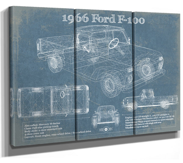 36" x 24" / 3 Panel Canvas Wrap Cutler West 1966 Ford F-100 Vintage Blueprint Auto Print