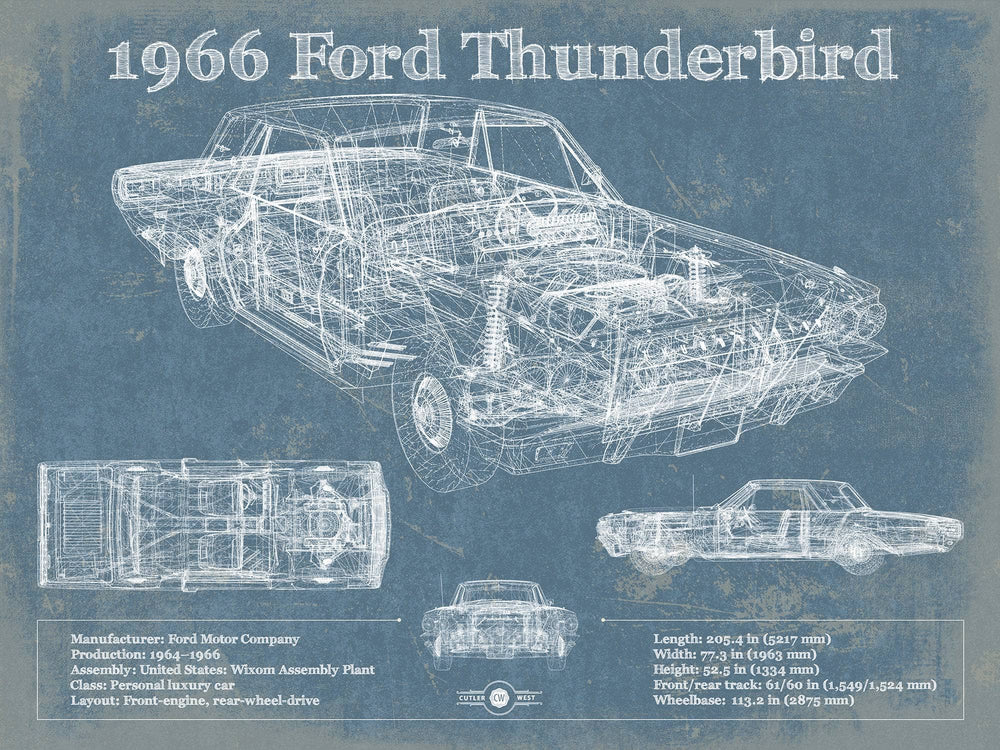 14" x 11" / Stretched Canvas Wrap Cutler West 1966 Ford Thunderbird Blueprint Vintage Auto Print