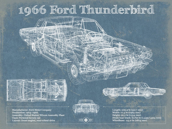 14" x 11" / Unframed Cutler West 1966 Ford Thunderbird Blueprint Vintage Auto Print