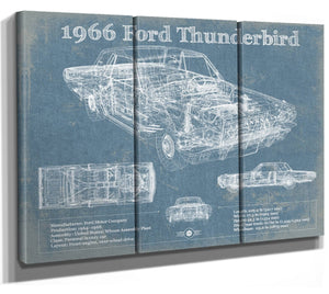 36" x 24" / 3 Panel Canvas Wrap Cutler West 1966 Ford Thunderbird Blueprint Vintage Auto Print