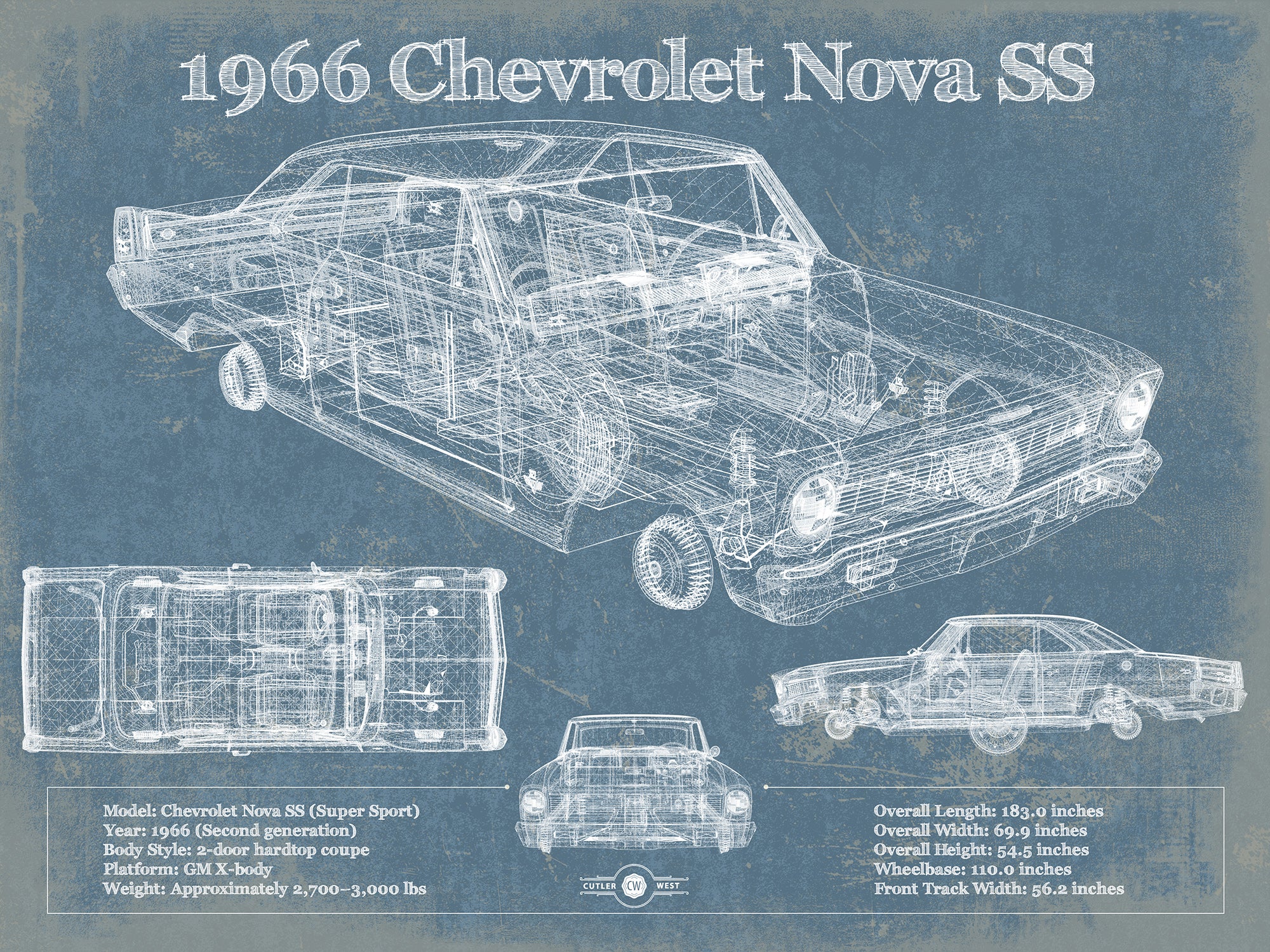 1966 Chevrolet Nova SS Blueprint Vintage Auto Patent Print