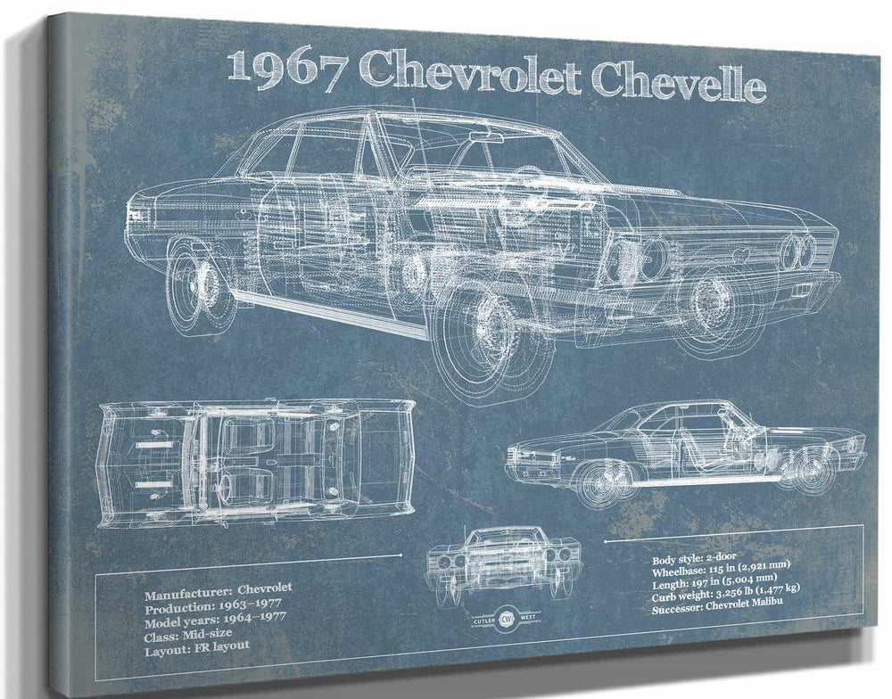 14" x 11" / Stretched Canvas Wrap Cutler West 1967 Chevrolet Chevelle Original Blueprint Art